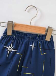 Young Boy Digital Print Navy Blue Geometric Pattern Short Sleeve Shorts Pajamas Set For Summer - Navy Blue - View 4