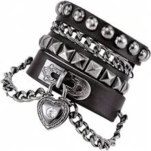 Yanxyad Punk Leather Chain Bracelet With Heart - Rock And Roll Wristband For Men And Women