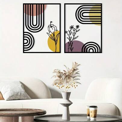 2pcs Geometric Flower Pattern Metal Wall Decor For Indoor Decoration