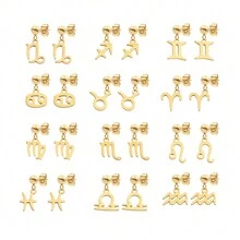1 par de aretes colgantes de acero inoxidable con signo del zodíaco de moda para mujeres - Amarillo Oro - Ver 5