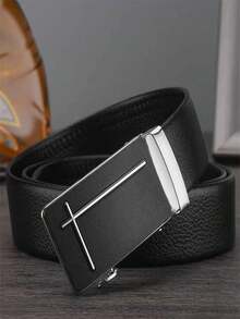 1pc Men Matte Cross Metal Automatic Buckle Leather Belt Business Fashion Dress Belt - Silver - View 7
