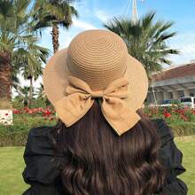 Sombrero de paja con protección solar con estilo coreano para mujeres con decoración de lazo para actividades al aire libre de primavera/verano, playa, pesca, etc. moños - sombrero de copa - Ver 14