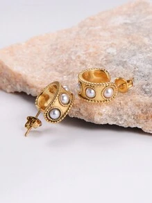 1 par de aretes de acero de titanio en tono dorado con perlas para joyería de mujeres - Dorado - Ver 3