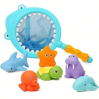 Bath Toy Set Water Spraying Discoloration Floating Shark Fishing Shaped Play Set Animals Squirt Toy Games Swimming Bathroom Pool Accessories For Babies Kids Children(Different Batches,Some Colors Are Random))