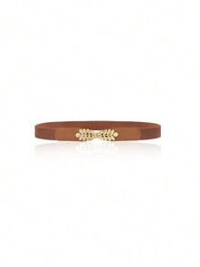 Boho 1pc Leaf Elastic Belt Pu Leather Waist Belt Leaf Buckle Fashion Joker Women's Elastic Narrow Waist Dress Waist Belt Is Suitable For Daily Collocation Summer, School