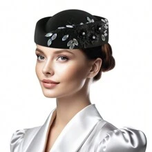 Vintage Knitted Felt Pillbox Rhinestone Hat Women's  Derby Veil Flower Fedora