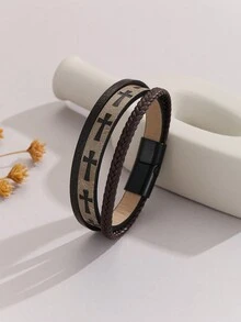 Pulsera de estilo punk de PU trenzado con patrón de cruz, adecuada para que los hombres la usen a diario y como regalo para festivales - cruz - Ver 9