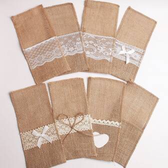 10 Pieces, Linen Love Lace Knife And Fork Bag Wedding Festival Party Decoration Jute Cutlery Bag