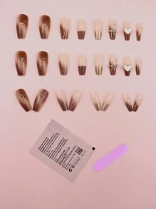 24pcs Ballet-Style Gittering Gold Dusting & Elegant Simple Heart-Shaped Diamond Inlay False Nails, Exquisite And Wearable Daily Nail Verneer Decor - Coffee Brown - View 2