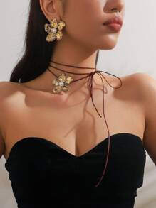 一套三件复古法式金色花朵绳编项链，百搭高端设计仿珍珠花朵耳环及项链首饰套装，适合女性日常及派对佩戴 - 花朵套裝 - 查看 1