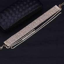 5件女士時尚派對手拿包套裝，鑲有鑽石裝飾，包括手提包、肩帶鏈、流蘇手鐲、耳環、項鍊，適用於晚宴派對 - 彩色 - 查看 7