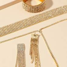 5件女士時尚派對手拿包套裝，鑲有鑽石裝飾，包括手提包、肩帶鏈、流蘇手鐲、耳環、項鍊，適用於晚宴派對 - 彩色 - 查看 4