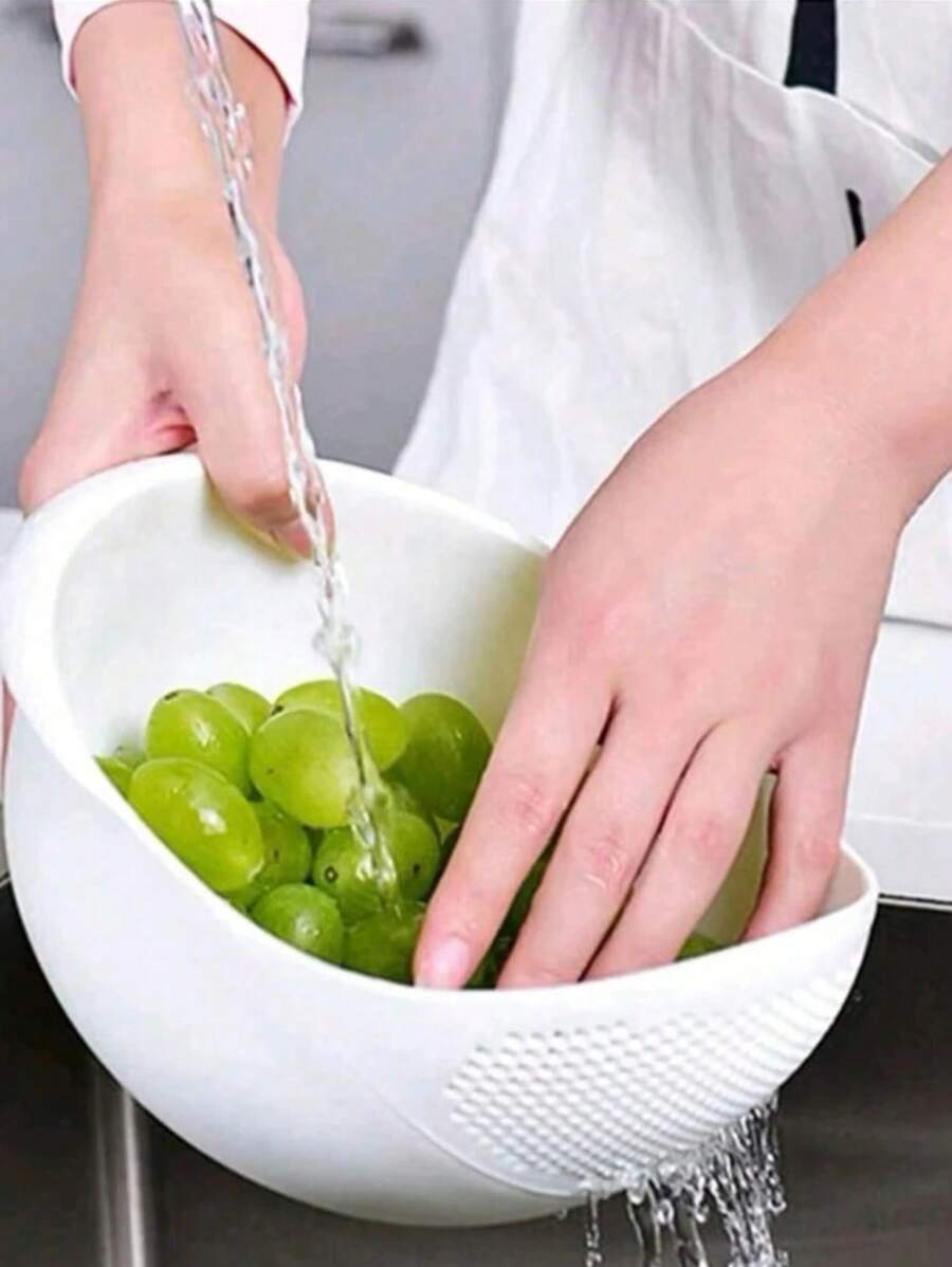 1入組廚房多功能米漏網篮，塑料米漏網篮帶有水果和蔬菜清洗盆 - 白色 - 查看 1