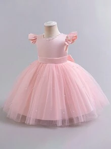 H HIBOBI Vestito da festa per bambina con maniche a cappuccio, inserti in rete, decorazione con strass e fiocco