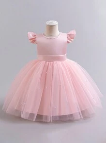 H HIBOBI Vestito da festa per bambina con maniche a cappuccio, inserti in rete, decorazione con strass e fiocco