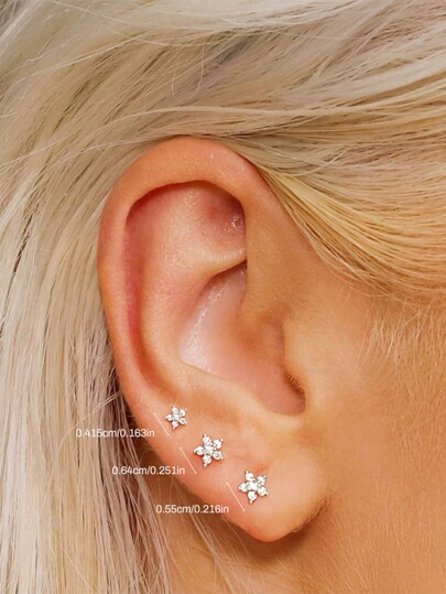 3 Stücke 925 Sterling Silber modische Blumen Ohrstecker Set, 18 Karat vergoldet, hypoallergene kubische Zirkonia, für mehrfache Piercings am Knorpel, Schmuckgeschenk für Frauen für Alltag, Hochzeit, Party, Verlobung, Jahrestag, Geburtstag, Valentinstag