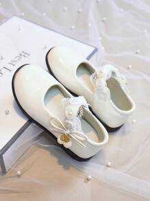 Giày công chúa cho bé gái, Giày da nhỏ có khóa ngọc trai cho bé gái, Giày đế mềm chống trượt cho trẻ em, Giày bệt thoáng khí cho mọi mùa, Giày khiêu vũ ren đính hạt cho trẻ em - trắng - Xem 9