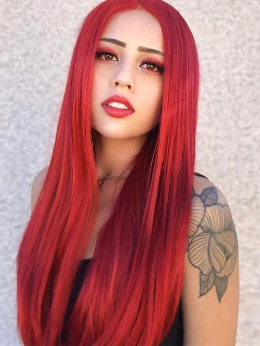 Peluca roja larga y recta para mujeres, importada y sintética para cosplay y disfraces - Rojo - Ver 1