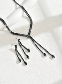 1套女性輕奢V形水滴鑽石項鍊+輕奢鑽石耳環套裝 - 黑色 - 查看 4