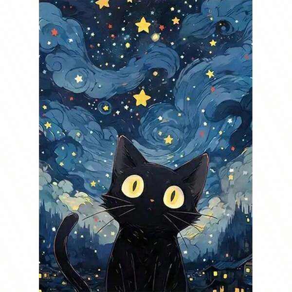 1pc 5D Night Sky Black Cat Pattern Diamond Painting Kit, DIY Cross Stitch Mosaic Perfect Art Gift For Home Decoration (7.87in*11.8in)