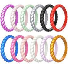 12pcs/Pack Women's Silicone Rubber Stackable Wedding Bands, Ultra Thin Braided Design, Low Allergy - Black, Marble, Metallic Bordeaux, Pink Please Select - View 2