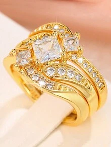 Sang Trọng Ren Đính Đá Cubic Zirconia Bộ Nhẫn Cho Nữ Charm Màu Vàng Cưới, Ban Nhạc Nữ Dễ Thương Nhẫn Phụ Kiện Trang Sức Quà Tặng - Vàng - Xem 3