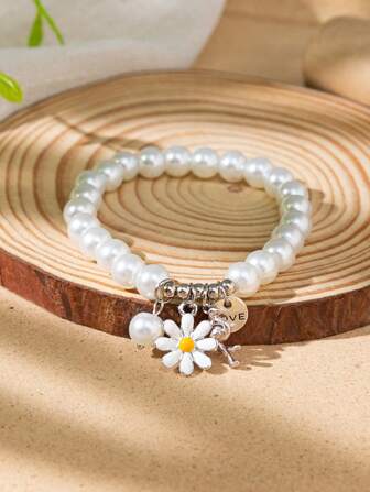 花朵和火烈鳥吊飾人造珍珠手鍊