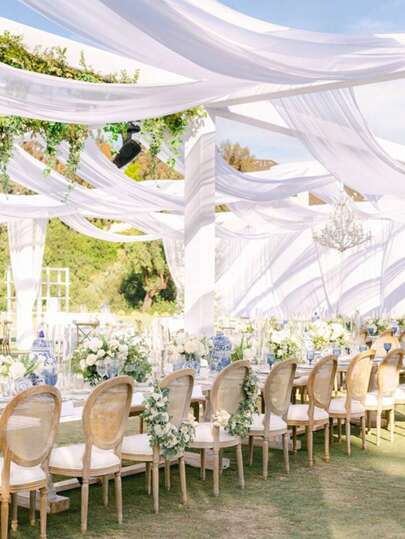 1 szt. 21,78/10,94 m Biała, półprzezroczysta tkanina z organzy ślubnej w tle, drapowania w kształcie łuku, dekoracje zasłon i sufitów na baby shower, przyjęcia urodzinowe dla dzieci, wesela i wystrój domu, odpowiednie na ceremonie, przyjęcia i dekoracje sufitu.