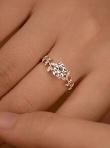 S925 Sterling Silver Four-Claw Zirconia Ring, Elegant Laurel Leaf Design - Blue and White - View 4