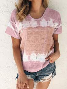 Women's Color Block Short Sleeve T Shirts Casual Crew Neck Tie Dye Tops Basic Summer Loose Fit Tees Blouse - Hồng - Xem 1