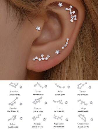 FOREVER QUEEN Pendientes de plata de ley 925 con los 12 signos del zodíaco, pendientes asimétricos de constelación de pentágono, pendientes hipoalergénicos, estilo minimalista y clásico delicado, regalo de cumpleaños para mujer, regalo para novia, regalo del Día de la Madre