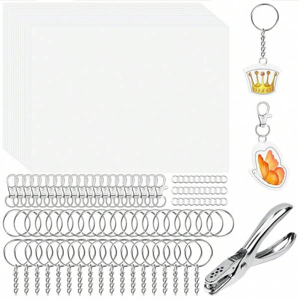 Kit portachiavi Shrinky Art, inclusi 10 fogli di carta plastica restringibile, fermachiavi, anelli portachiavi divisi, anelli portachiavi con catena, anelli a molla, perforatore per fai-da-te e artigianato