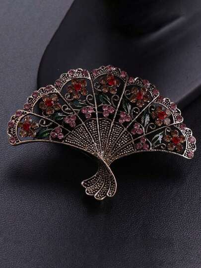1pc Vintage Classic Fan Metal Brooches Pins Fashion Retro Crystal Ancient Gold Color Coat Clothing Badges Jewelry