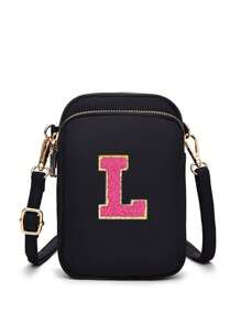 1 Peça Bolsa Transversal Casual de Moda com Bolso para Telefone e Porta-Moedas Vertical, Bolsa de Lona Feminina com Padrão de Bordado de Letra, Bolsa Transversal, Meninas, Viagem, Volta às Aulas, Presente - Preto - Visão 32