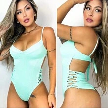 Body/maiô CANELADO, com bojo, sem forro, trançado lateral, meia taça - Verde água - Visão 2