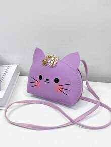 1pc Young Girl Cute Cartoon Cat PU Leather Mini Crossbody Bag With Zipper Suitable For Daily Use - Purple - View 5