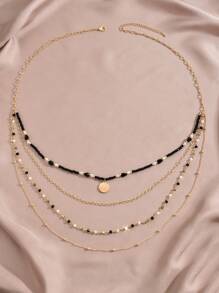 1pc Women Vintage Creative Multi-Layer Rice Bead Necklace, Suitable For Daily Wear - Black - View 2