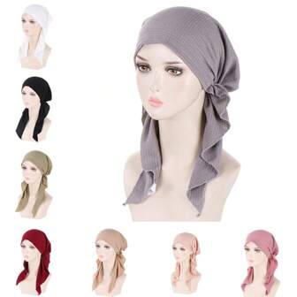 1入組純色彈性頭巾帽，時尚百搭頭巾帽，搭配拱形波浪圖案