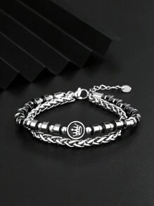 1pc Fashionable Double-Layer Crown Charm Silver Bracelet, Adjustable - Silver - View 4