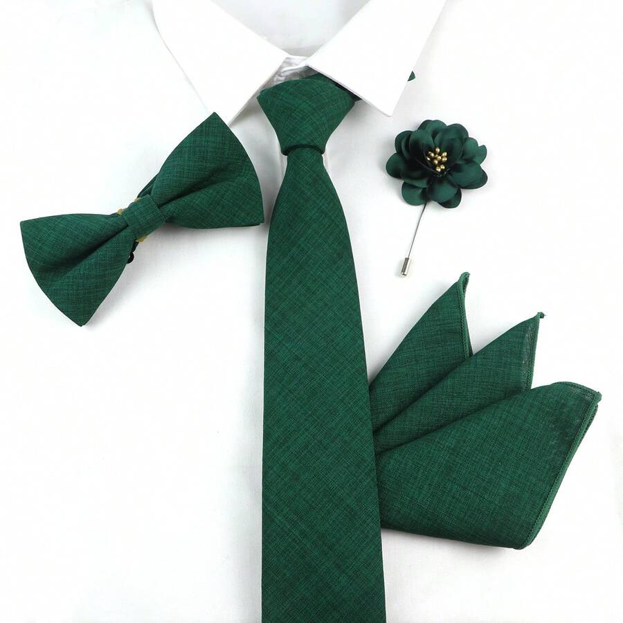 4入組穩重優雅的深綠色十字紋領帶套裝，包括蝴蝶結、手帕和花形胸花，適合工作、日常穿著、婚禮、慶祝活動、派對 - 墨綠色 - 查看 1