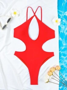 女士夏季海滩尼龙红色细肩带镂空连体泳衣