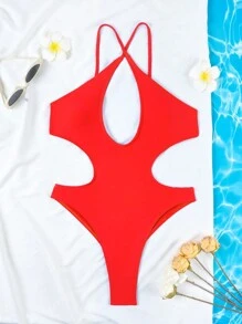 Traje de baño de una pieza con tirantes finos de nailon rojo, diseño de corte hueco para mujer, para usar en la playa en verano