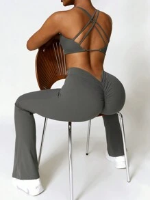 MASKERT 女士瑜伽、健身、休闲、运动裤，喇叭裤，跑步高腰，速干，提臀，瑜伽裤，高弹力，亲肤紧身裤 - 灰色 - 查看 6