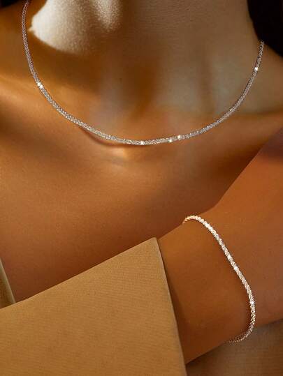 FOREVER QUEEN Conjunto De Joyas Minimalistas De 2 Piezas Que Incluye Collar Y Pulsera De Plata De Ley 925 Con Diseño Brillante Que Complementa Los Atuendos Diarios