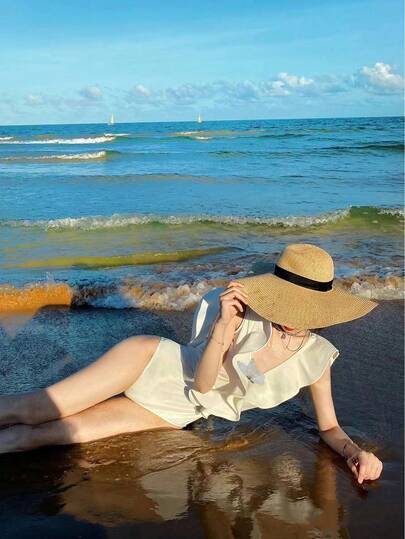 1pc Summer Sun Protection Hat, Women's Foldable Large Brim Beach Straw Hat For Travel & Vacation