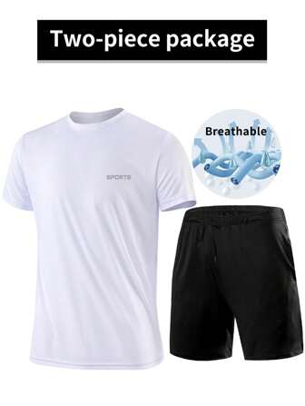 2pcs Men Sports Casual T-Shirt & Shorts Set, With Pockets, Drawstring, Lightweight For Running, Basketball, Soccer, Gym