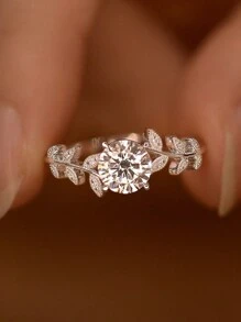 S925 Sterling Silver Four-Claw Zirconia Ring, Elegant Laurel Leaf Design - Blue and White - View 12