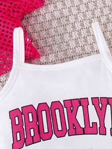 2pcs Young Girl's Fashion Lace Crop Top And Lettered Print Spaghetti Strap Dress Set, Summer