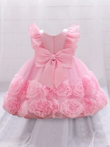 Vestido elegante de niña para dama de honor en boda, sin diadema, de unicolor, con flores y malla de satén sin mangas - Rosa - Ver 3