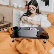 Escritorio para Ordenador, Soporte para Laptop, Tablet con Portavasos/Cajón de Almacenamiento | Mesa Multifuncional para Cama, Sofa Cama Plegable | Bandeja Desayunador de Madera - Marrón - Ver 2